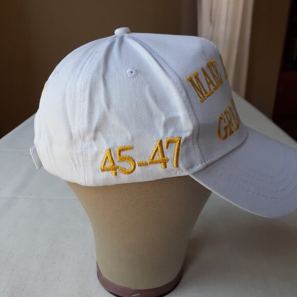 New MAGA - 45-47 - Flag - Trump - White with Gold Baseball Cap - Adjustable Fit - Picture 2 of 10